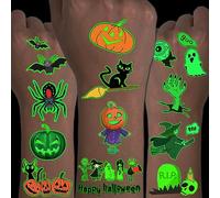 CHARLENT Tatouages Temporaires Lumineux pour Halloween pour Enfants-100 Pcs Tatouages Phosphorescents pour Halloween:Citrouilles, Fantômes, Squelettes, Cadeaux pour Fêtes D'Halloween