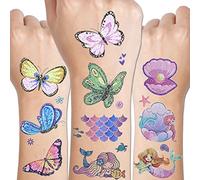 CHARLENT Tatouages Temporaires Papillons et Sirènes Pailletés pour Filles - 24 Feuilles de Tatouages Temporaires Papillons et Sirènes Pailletés pour Cadeaux D'anniversaire de Filles