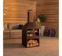CHARLES BENTLEY Barbecue et cheminée 118cm en Acier Noir, résistant à la Rouille, Design Moderne, brûleur Bois/Charbon, Rangement bûches, avec tisonnier (118x44x44cm)