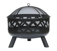 CHARLES BENTLEY Brasero Rond Noir avec Design en Treillis, Couvercle Mesh, tisonnier, Peinture résistante, Grille bûches, Acier Durable, pour Bois/Charbon, Jardin terrasse (61x58cm)