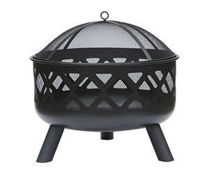 CHARLES BENTLEY Brasero Rond Noir avec Design en Treillis, Couvercle Mesh, tisonnier, Peinture résistante, Grille bûches, Acier Durable, pour Bois/Charbon, Jardin terrasse (61x58cm)