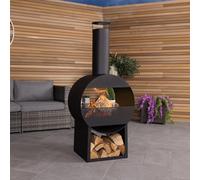 CHARLES BENTLEY Chauffage terrasse cheminée Moderne 129cm, Acier Noir, brûleur Bois/Charbon, tisonnier Inclus, Design Contemporain, Rangement bûches (129x55x40cm)