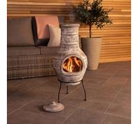 CHARLES BENTLEY Cheminée Mexicaine Taille Moyenne en Argile Naturelle, Design Feuille, Finition Terracotta, Chauffe-terrasse avec Couvercle, Support Acier, résiste météo (85x36cm)