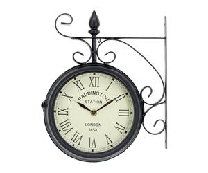 CHARLES BENTLEY Horloge Murale Double Face Paddington Noire, Design Vintage avec Chiffres Romains, Plastique et métal, silencieuse, intérieur extérieur (32x27x9.5cm)
