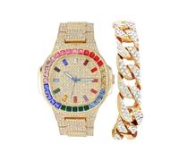 Charles Raymond Bling-ed Out 8475BC Cuban Bracelet de montre oblong Iced Out Hip Hop, ST10367 Rainbow GLD -C, 9 inches watch 9 inches bracelet
