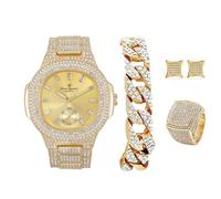 Charles Raymond Bling-ed Out It's Lit! GJM13 Ensemble montre et bijoux hip-hop avec bracelet chaîne cubaine, boucles d'oreilles et bague, ST10235VO Or brillant, 11, Décontracté