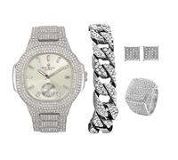 Charles Raymond Bling-ed Out It's Lit! GJM13 Ensemble montre et bijoux hip-hop avec bracelet chaîne cubaine, boucles d'oreilles et bague, ST10235VO Argent brillant, 8, Décontracté