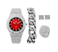 Charles Raymond Bling-ed Out It's Lit! GJM13 Ensemble montre et bijoux hip-hop avec bracelet chaîne cubaine, boucles d'oreilles et bague, 11, Aluminium, Pierre précieuse