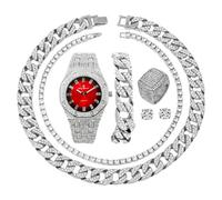 Charles Raymond Entièrement glacé pour homme Cadran coloré avec chiffres romains, bracelet à chaîne cubain, collier cubain, chaîne et bague de tennis - ST10327CRNT, ST10528 Argent Rouge, 12, Hip Hop
