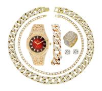 Charles Raymond Entièrement glacé pour homme Cadran coloré avec chiffres romains, bracelet à chaîne cubain, collier cubain, chaîne et bague de tennis - ST10327CRNT, ST10528 Or Rouge, 9, Hip Hop