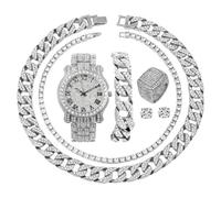 Charles Raymond Entièrement glacé pour homme Cadran coloré avec chiffres romains, bracelet à chaîne cubain, collier cubain, chaîne et bague de tennis - ST10327CRNT, L0504 Tirm Silver Blk #R, 9, Hip