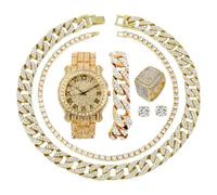 Charles Raymond Entièrement glacé pour homme Cadran coloré avec chiffres romains, bracelet à chaîne cubain, collier cubain, chaîne et bague de tennis - ST10327CRNT, L0504 Tirm Gold BLK #R, 9, Hip Hop