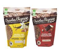 Charles Vignon - Lot Muesli Bio Sans Gluten : Amandes Vanille & 3 Chocolats - Riche en Fibres, Sachets Refermables - Fabriqué en France