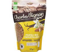 Charles Vignon - Muesli Bio Croustillant Sans Gluten Amande & Vanille - Riche en Fibres, Sachet Refermable de 375 g - Fabriqué en France