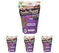 Charles Vignon - Muesli Bio Croustillant Superfruits - Cassis, Cranberries, Myrtilles - Sans Huile de Palme, Riche en Fibres - Sachet Refermable - 375g (Lot de 4)
