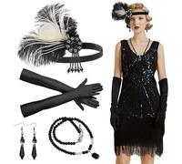 Charleston Accessoire Année 1920 Femme avec Bandeau en Plumes, Boucles d'oreilles, Gants Noirs, Collier de Perles, Thème Gatsby Costume Set, Accessoires pour Halloween, Carnaval, Fêtes Déguisées