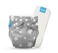 Charlie Banana Couche réutilisable en tissu avec insert, lavable, avec boutons-pression, taille unique, réglable, pour bébés et tout-petits, motif Little Star, blanc sur gris, 1 pièce