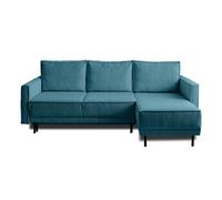 Lisa Design - Canapé d'angle Convertible avec Coffre Réversible Charlie en Velours Côtelé - Canapé Lit - Sofa Bleu Canard 4 Places - Angle Droit - ou Gauche - Salon