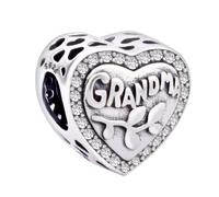 Charm Cœur Argent 925 pour Bracelet Pandora - Inscription 'Grand-mère', Strass Scintillants et Branche d'Olivier