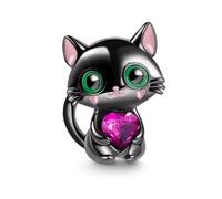 Charm en argent 925 avec chat noir et cœur Compatible avec bracelets Pandora, Trollbeads, Chamilia, Biagi et beaucoup d'autres bracelets à breloques britanniques.