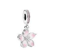 Charm fleur de cerisier rose en argent 925 compatible avec bracelets Pandora, Trollbeads, Chamilia, Biagi et beaucoup d'autres bracelets à breloques britanniques, taille S, métal sans pierre précieuse