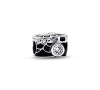 Charm Marvel Spider-Man Appareil photo en argent sterling avec zircones cubiques transparentes, émail noir, bleu et rouge transparent