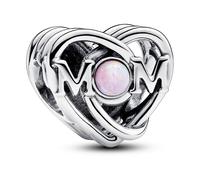Pandora Moments Charm Cœur inscription « Mom » (Maman) en argent sterling avec opale rose créée en laboratoire
