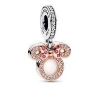 Pandora Charm pendant double Disney Minnie en argent sterling et métal plaqué or rose 14 carats avec zircones cubiques rouges et transparentes et émail blanc scintillant