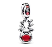 Pandora Moments Charm pendant Renne au Nez Rouge en argent sterling avec zircones cubiques transparentes et rouges et verre de Murano rouge givré