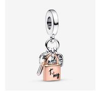Pandora Pendentif Charm Triple Clé Cadenas Cœur bicolore argent/plaqué or rose 14 carats zircones
