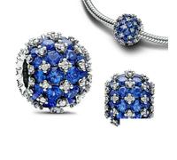 Charm rond rose scintillant en argent sterling 925 pavé, compatible avec bracelet original, perles bleues, collier pour femme, bijoux fins - FCC355