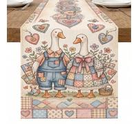 Charmant chemin de table en forme d'oie, motif patchwork floral et cœurs pour décoration de salle à manger printanière, parfait pour les réunions de vacances, 33 x 183 cm