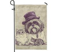 Charmant drapeau de jardin chat et chien, illustration d'animaux violets, décoration extérieure, bannière de maison toute l'année, drapeau de cour de style vintage pour les amoureux des animaux, 30,5