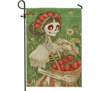 Charmant drapeau de jardin de squelette avec fraises, décoration florale verte d'Halloween en plein air, drapeau en toile de jute double face, décoration de fête saisonnière, 30,5 x 45,7 cm