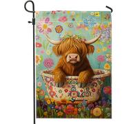 Charmant drapeau de jardin de vache des hautes terres, décoration florale colorée pour printemps et été, toile de jute double face pour la décoration extérieure pour pelouse et jardin, joli