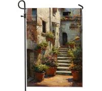 Charmant drapeau de jardin d'été, pots de fleurs colorés, scène de rue, décoration extérieure, bannière double face en toile de jute pour décoration de la maison, 30,5 x 45,7 cm