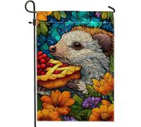 Charmant drapeau de jardin hérisson avec tarte aux baies, bannière florale colorée pour décoration d'intérieur, drapeau de cour double face pour décoration de pelouse extérieure printemps été 30,5 x
