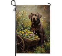 Charmant drapeau de jardin marron avec chariot à fleurs, décoration florale printanière, bannière double face en toile de jute, décoration extérieure de jardin 30,5 x 45,7 cm