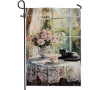 Charmant drapeau floral de jardin pour chat, rose de pêche et chaton noir, décoration intérieure et extérieure, détails saisonniers pour la maison, drapeaux vintage double face pour