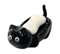 Charmant porte-savon chat avec drainage efficace pour lavabo de salle de bain, design auto-drainant mignon en plastique noir ou blanc pour décoration de la maison (noir)