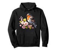 Charmant rouge-gorge perché sur une branche de cerisier en fleurs Sweat à Capuche