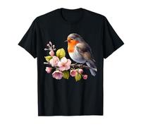 Charmant rouge-gorge perché sur une branche de cerisier en fleurs T-Shirt