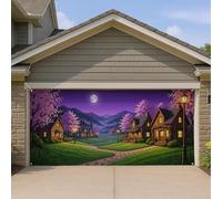 Charmante housse de porte de garage nocturne, motif paysage de chalet rustique, décorations extérieures violettes et vertes, parfaite pour les célébrations d'automne et d'hiver, 397 x 180 cm