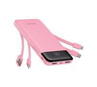 Charmast Batterie Externe 10000mAh avec 4 Câbles Intégrés Batterie Portable USB C Mince Power Bank avec 6 Sorties et 3 Entrées pour iPhone 12 13 11 Samsung S21 S22(Rose)