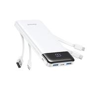 Charmast Batterie Externe 10000mAh avec 4 Câbles Intégrés Batterie Portable USB C Mince Power Bank avec 6 Sorties et 3 Entrées pour iPhone 12 13 11 Samsung S21 S22(Blanc)