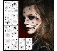 CharmBurst 10 pièces Tatouages Temporaires 3D Toile d'Araignée Halloween, Tatouages Faciaux Réalistes, Stickers Maquillage Sorcière Chauve-Souris Zombie, Décoration de Fête Effrayante