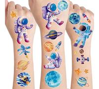 CharmBurst 12 feuilles de tatouages pailletés espace pour enfants, thème planètes, tatouages temporaires pour fête de l'espace, cadeau d'anniversaire enfant et astronaute