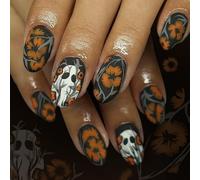 CharmBurst 24 pièces de Faux Ongles à Presser Halloween Mat Oval Blanc avec fantômes et Fleurs, Faux Ongles effrayants Orange Marron, Ongles Halloween Courts, Ongles à Coller