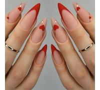 CharmBurst 24 Pièces Ongles Prêt-à-Poser Saint-Valentin, Faux Ongles Amande, Design Français Ligne Cœur d'amour Ongles Artificiels à Coller, Embouts D'ongles Faux