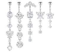 CharmBurst 5 pcs Piercing nombril suspendu, Acier chirurgical Piercing nombril argent, Belly Button Ring avec Zirconia, Set Belly Piercing long résistant à l'eau